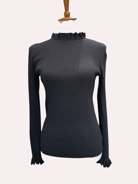 Anne Klein Black Ribbed Mock Ruffle-Neck Long Sleeve Top #312